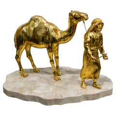 Gilded Bronze Sculpture with Marble Base of an Arabic Man with a Horse