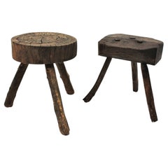 Used Pair of Spanish Rustic Wood Tripod Side Table / Stools