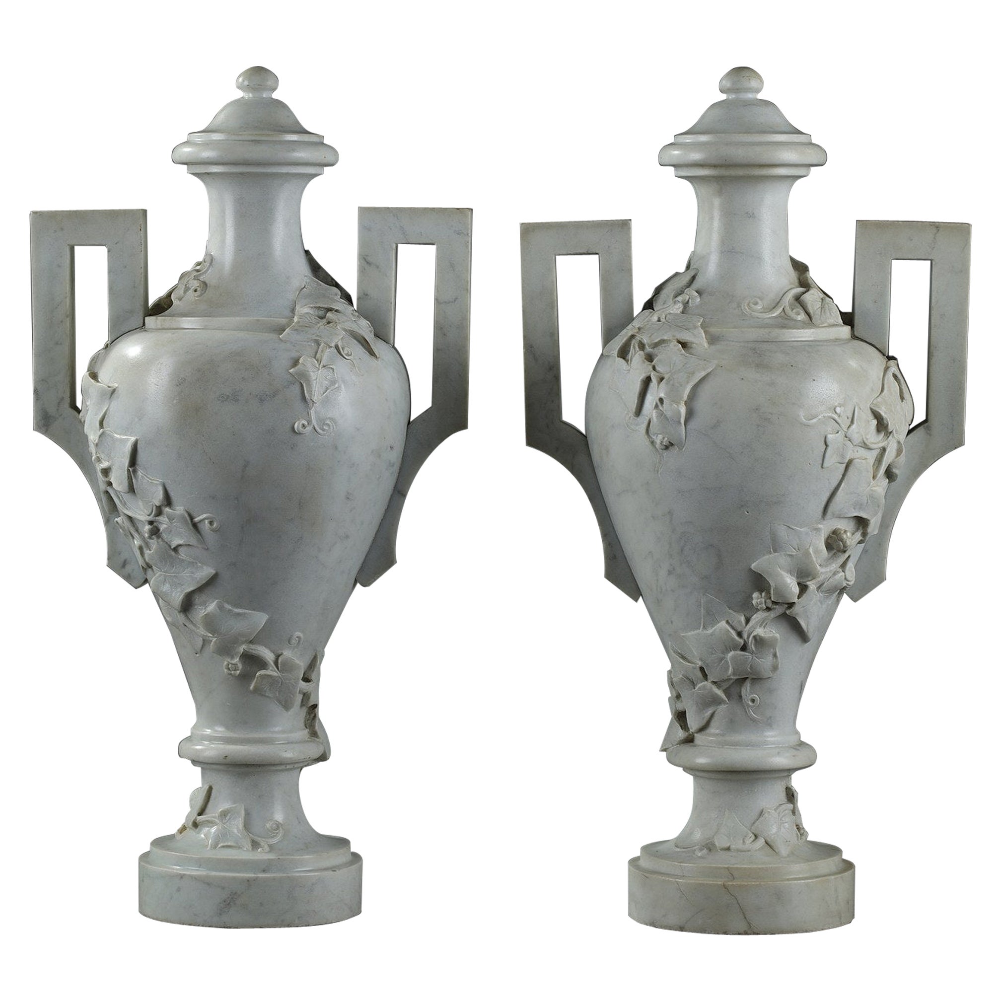 Pair of White Marble Vases with Ivy Decoration, 19th Century