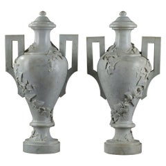 Antique Pair of White Marble Vases with Ivy Decoration, 19th Century