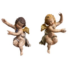 Pair of 19th Century Italian Carved Giltwood Polychrome Cherubs Sculptures