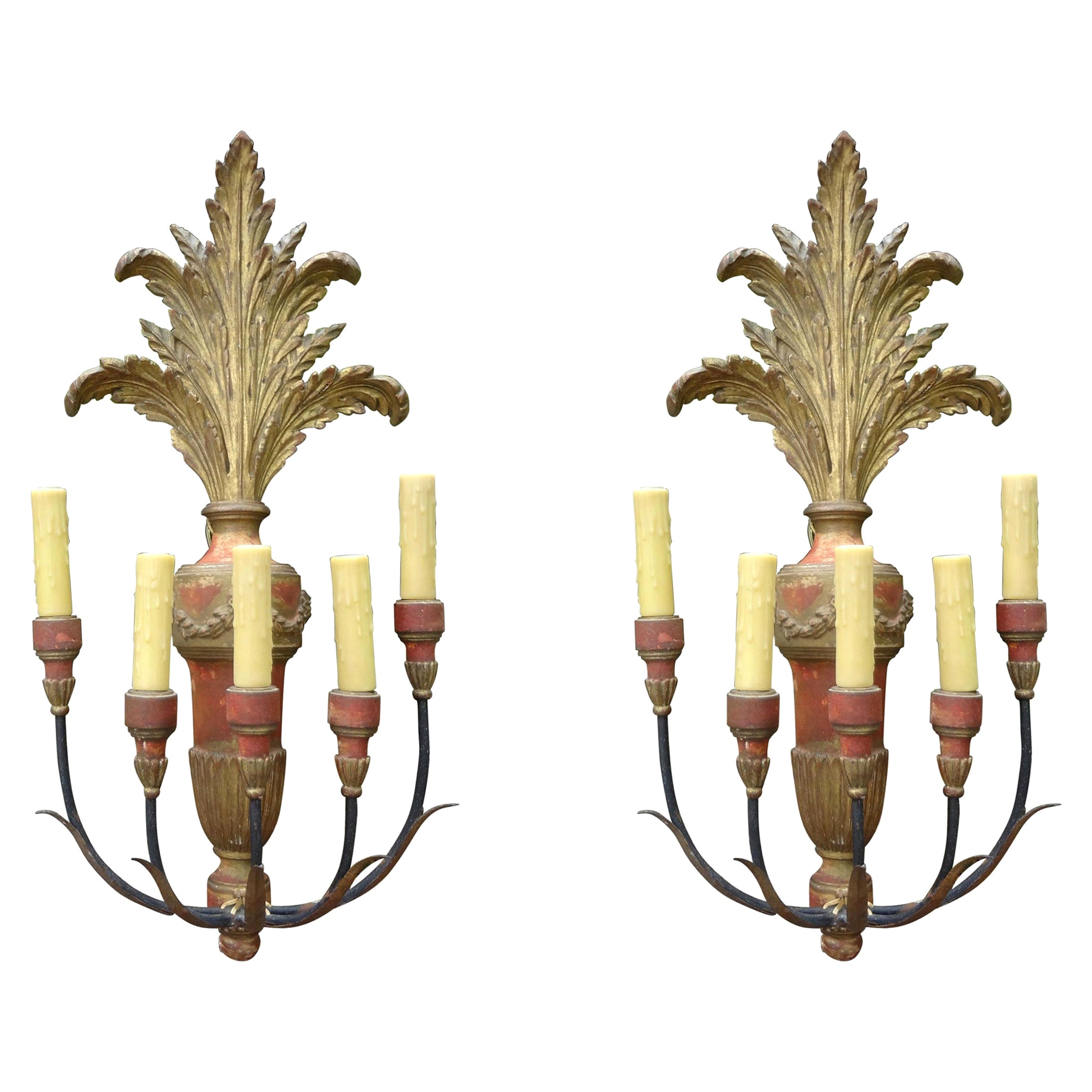 Pair of Italian Painted and Parcel Giltwood Plume Sconces For Sale