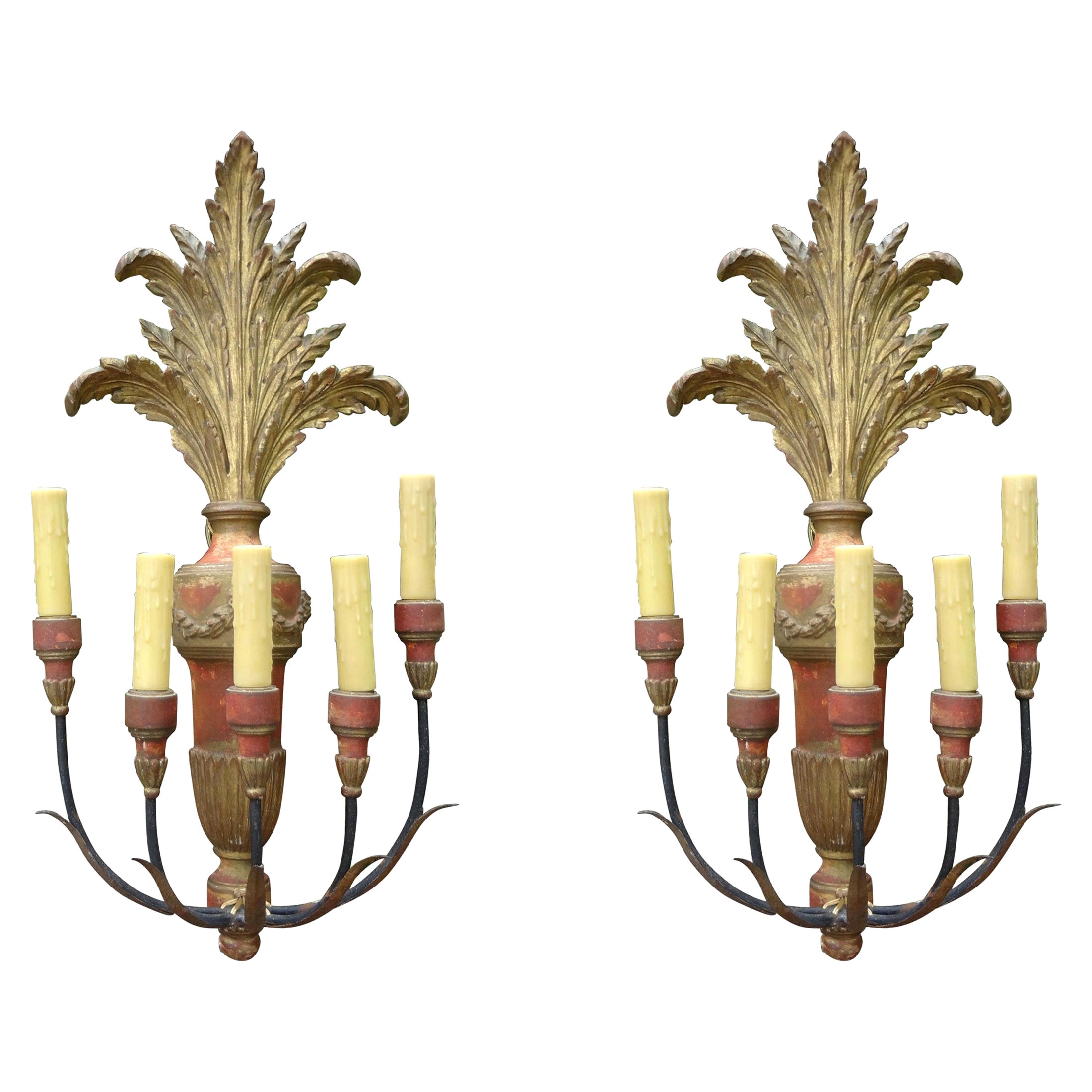 Pair of Italian Painted and Parcel Giltwood Plume Sconces