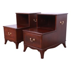 Heritage Georgian Mahogany Leather Top Step End Tables or Nightstands, Pair