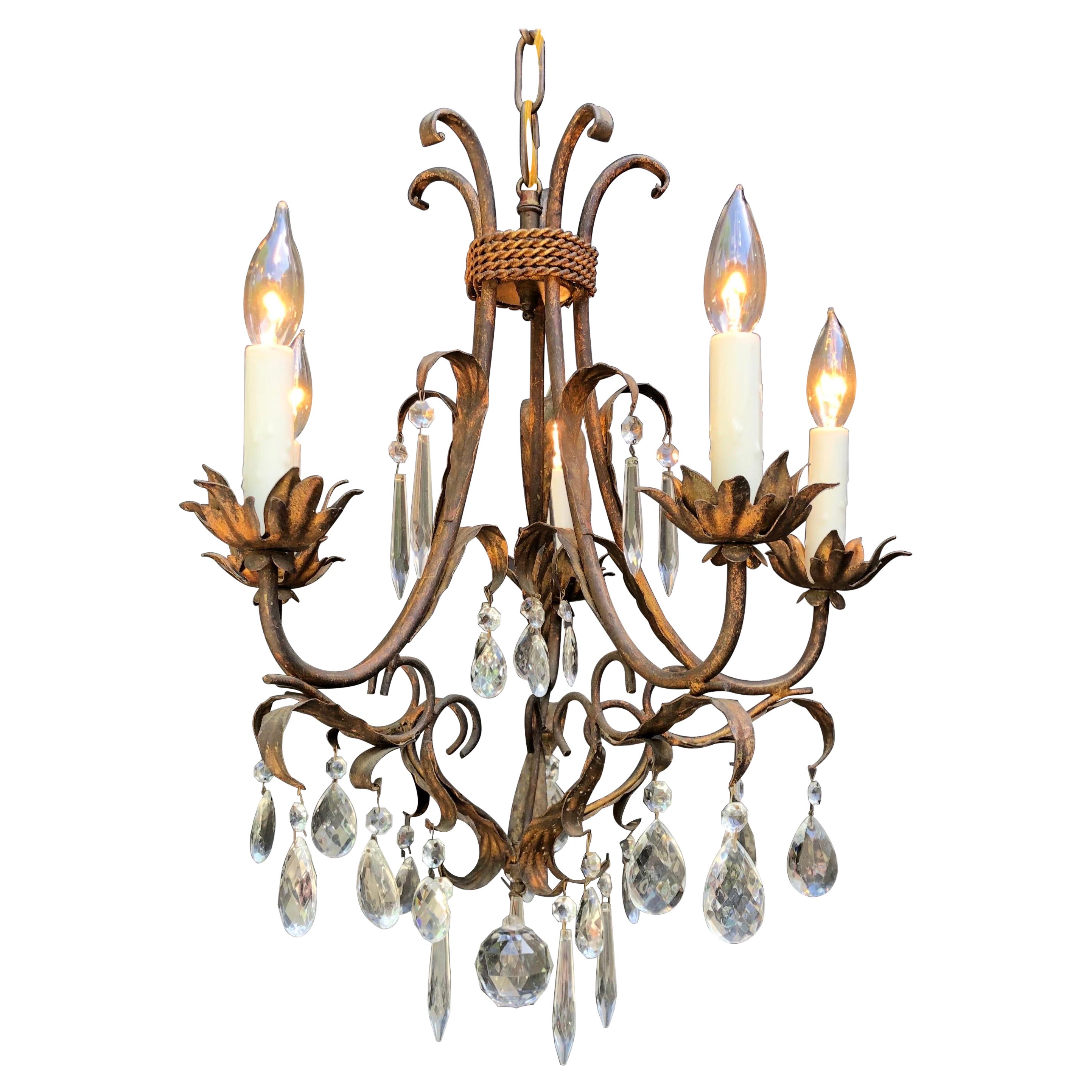 Cut Crystal Chandelier with Engraved Hurricane Shades, 20th Century For