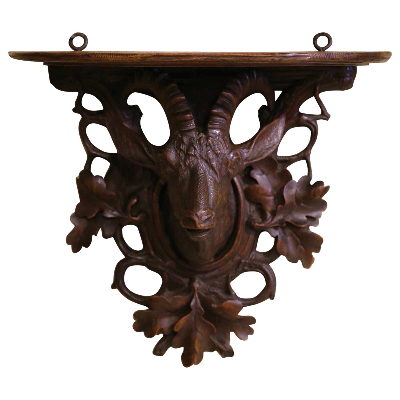 19th Century French Black Forest Carved Walnut Hanging Shelf with Deer Motif