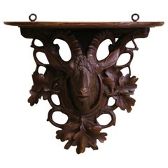 19th Century French Black Forest Carved Walnut Hanging Shelf with Deer Motif