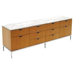 Used Florence Knoll Credenza, Blonde Oak Case, White Marble Top, Original, Signed