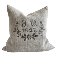 Vintage European Grain Sack Pillow with Original Stencil