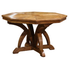 Mid-Century French Carved Elm Octagonal and Marquetry Center Table