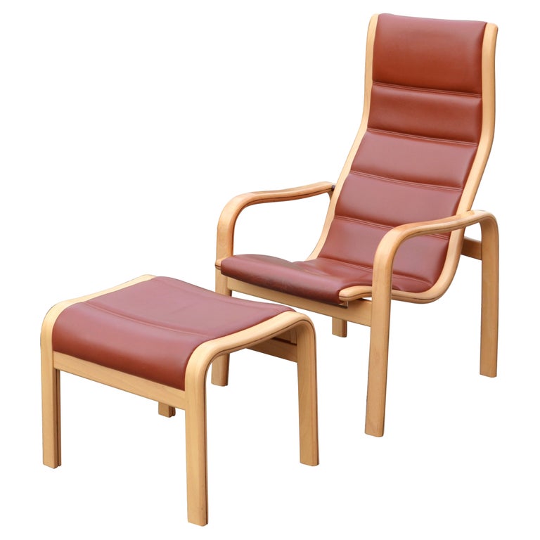 Yngve Ekström Modell Melano Swedese Ox Red Leather Highback Lounge Chair Beech For Sale