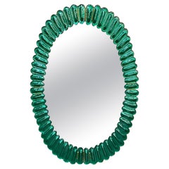 Modern Kelly Green Murano Glass and Brass Mirror