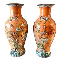 Tall Chinese Famille Rose Porcelain Urns Vases, Pair