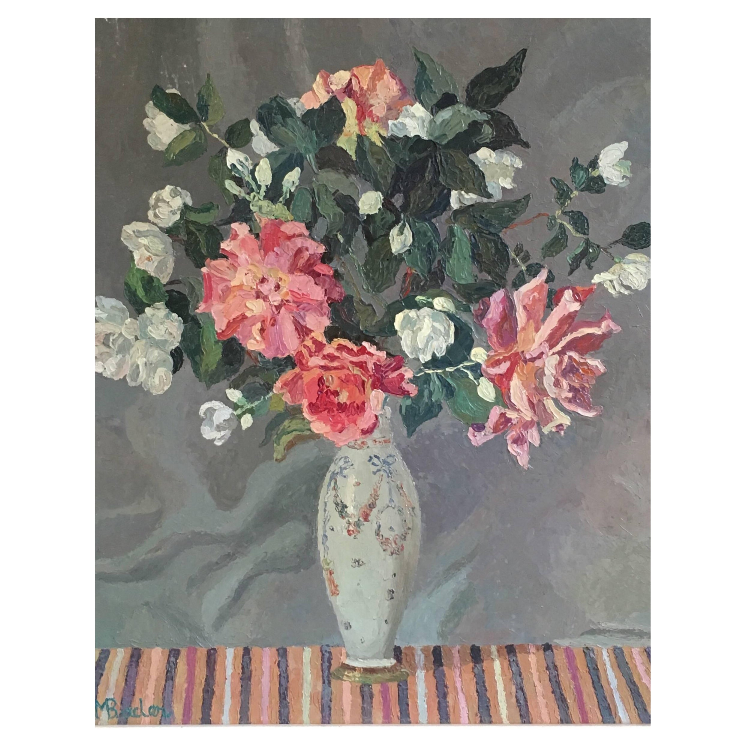 Bouquet français « Fleurs », peinture à l'huile impressionniste, signée