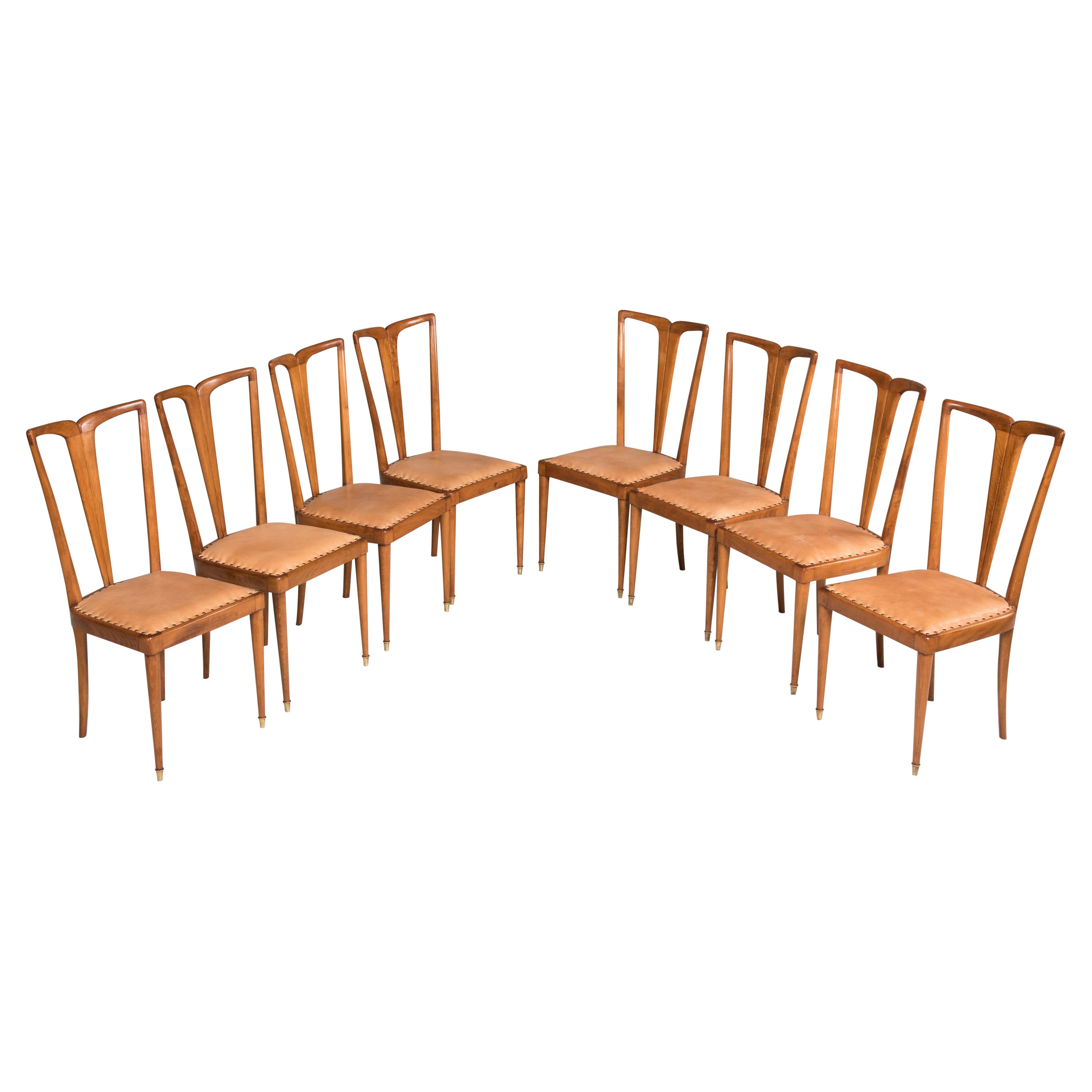 1950 Guglielmo Ulrich Wood and Light Brown Leather Dining Chairs, Set of Eight