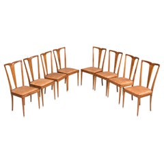 Ensemble de huit chaises de salle à manger en bois et cuir marron clair de Guglielmo Ulrich, 1950