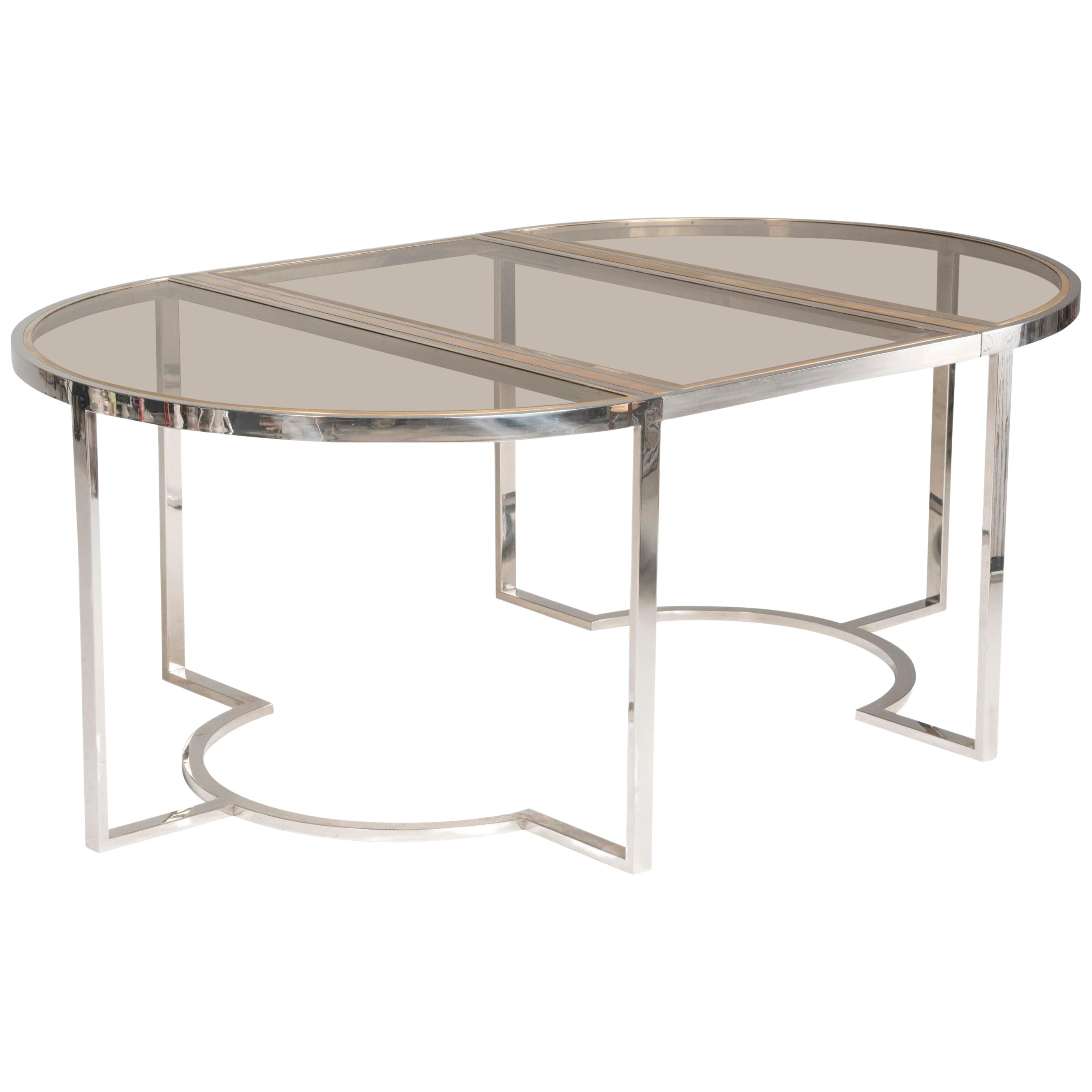 1970s Chromed and Brass Smoked Glass Rounded Extendable Table Att. Romeo Rega