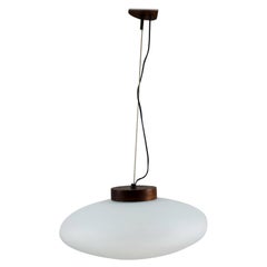 Large Stilnovo Pendant Brushed Satin Glass Diffuser and Wood, Italy, 1950s