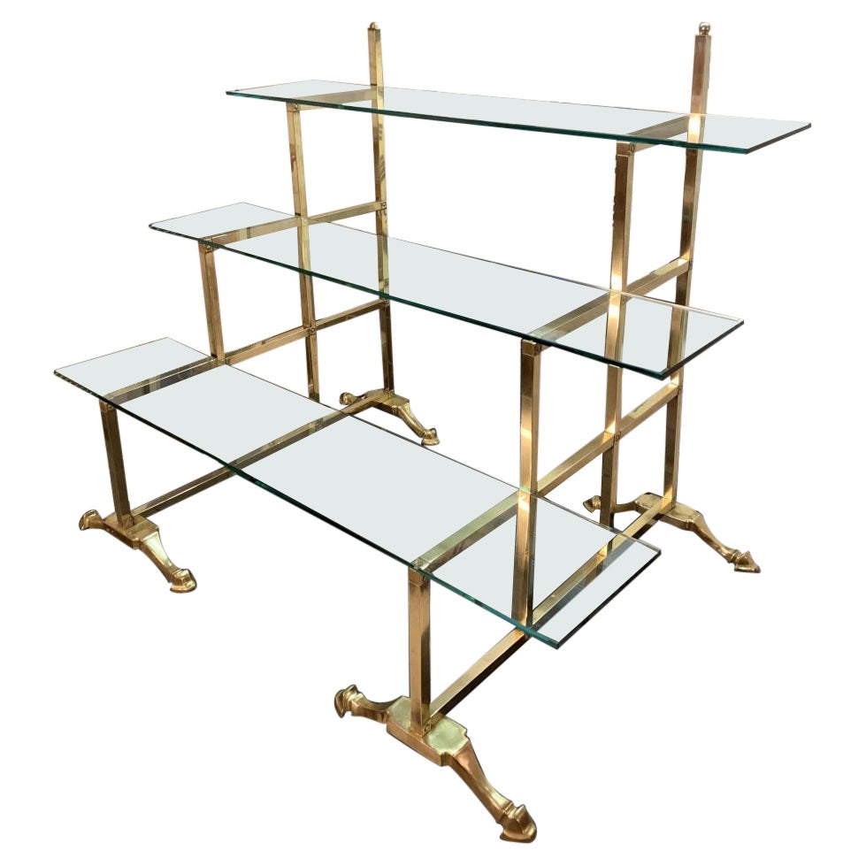 Stunning Art Nouveau Brass and Glass Staggered Shelving Unit-French For Sale