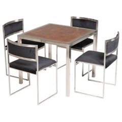 1970s Willy Rizzo Chromed Steel and Brass Squared Table and Four Chairs Game Set