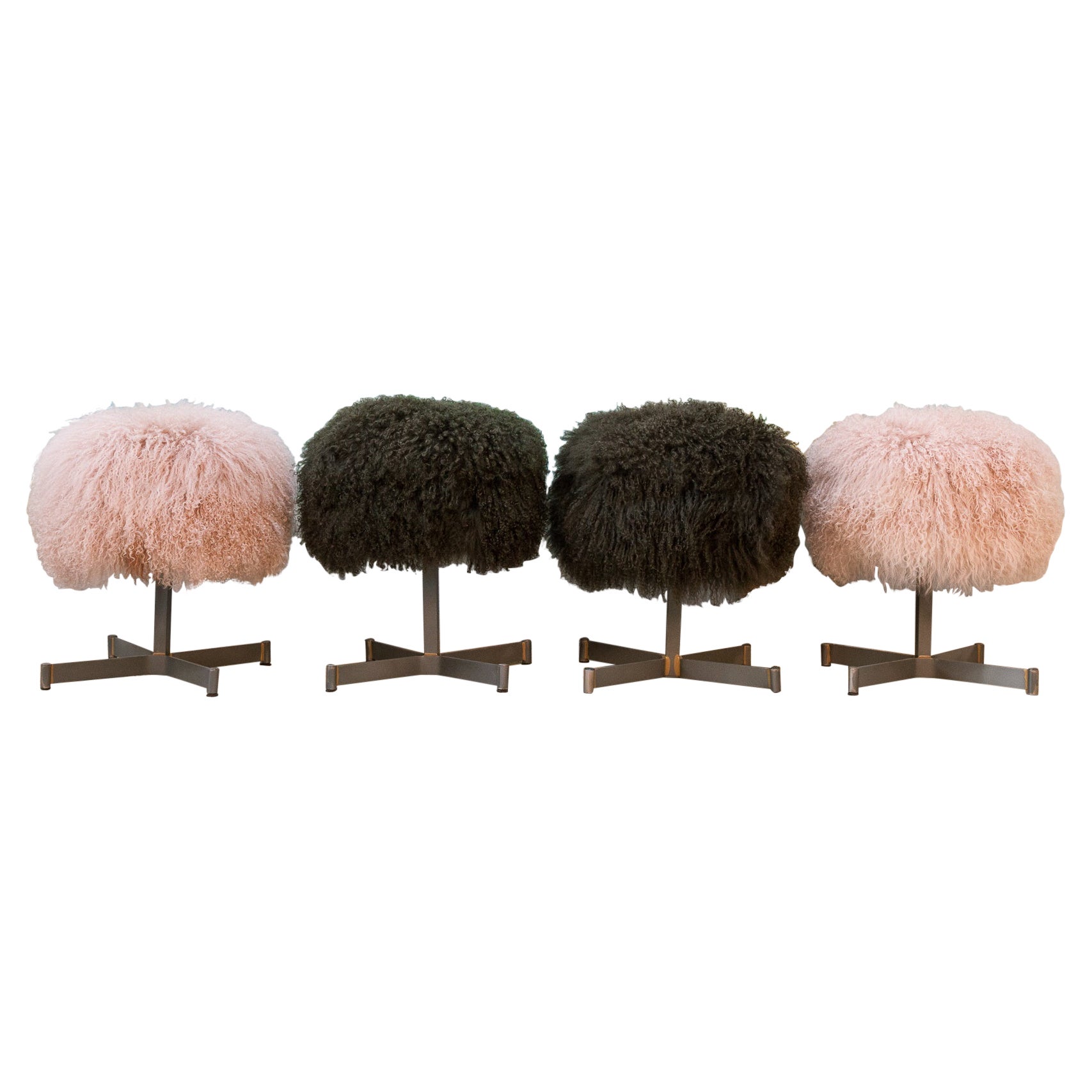 Pouf Pink /Green, Curly Sheep Skin, Upholstery and Metal Restored For Sale