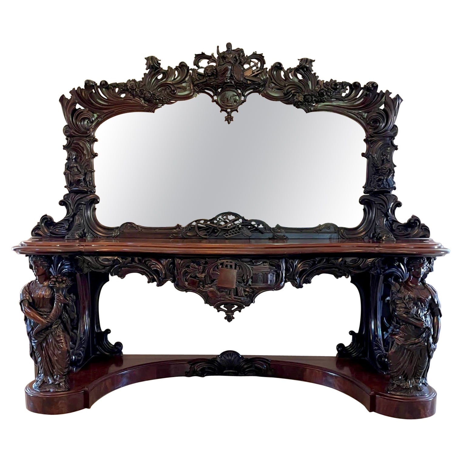 Extremely Large Exhibition Quality Antique Mahogany Mirror Back Console Table