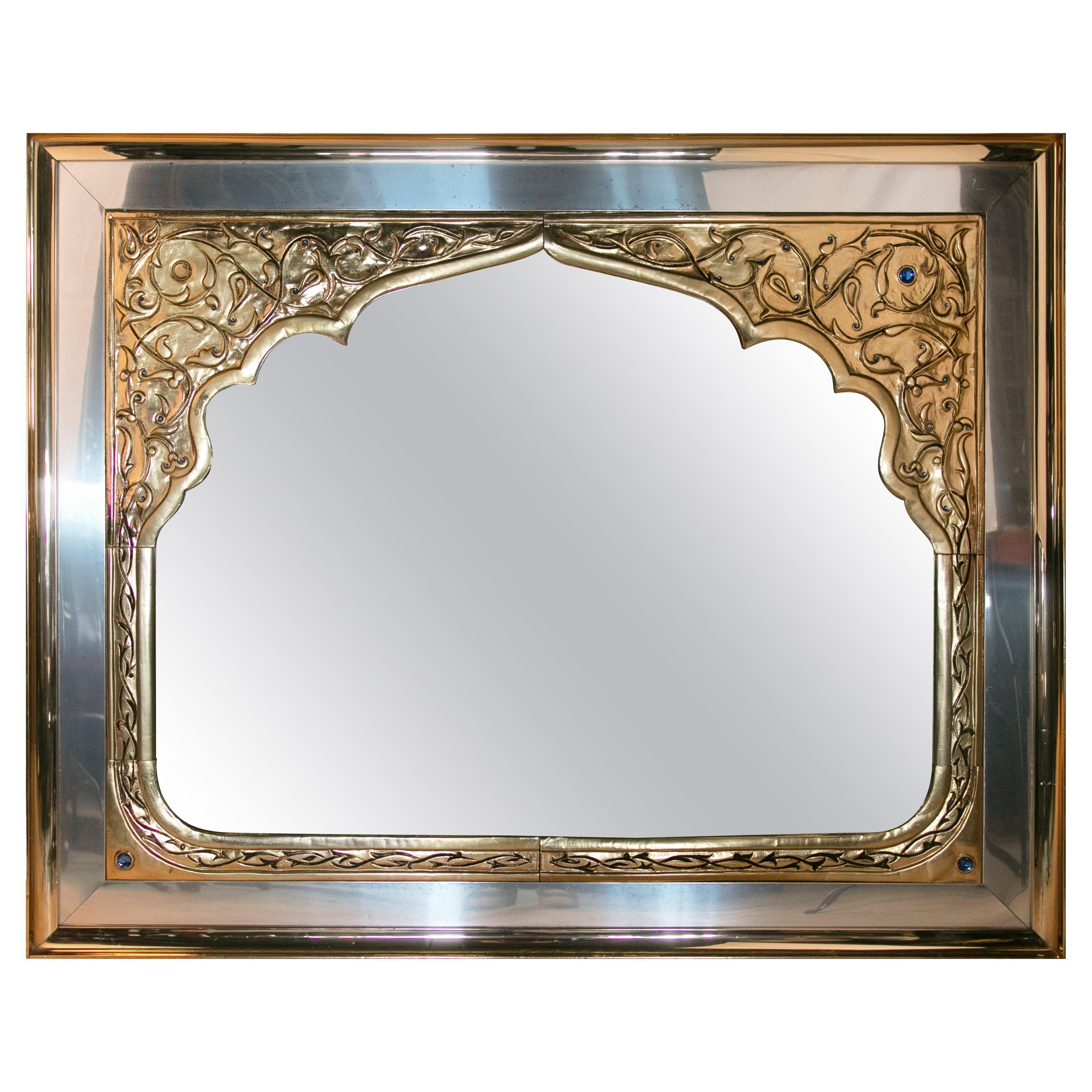 Brass and Steel Mirror in Arabic Style, Inlaid with Coloured Crystals 