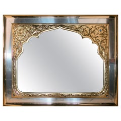 Brass and Steel Mirror in Arabic Style, Inlaid with Coloured Crystals 