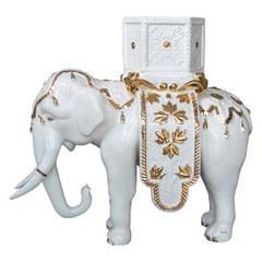 White Ceramic Elephant Pot Sculpture Signed "Bondia"