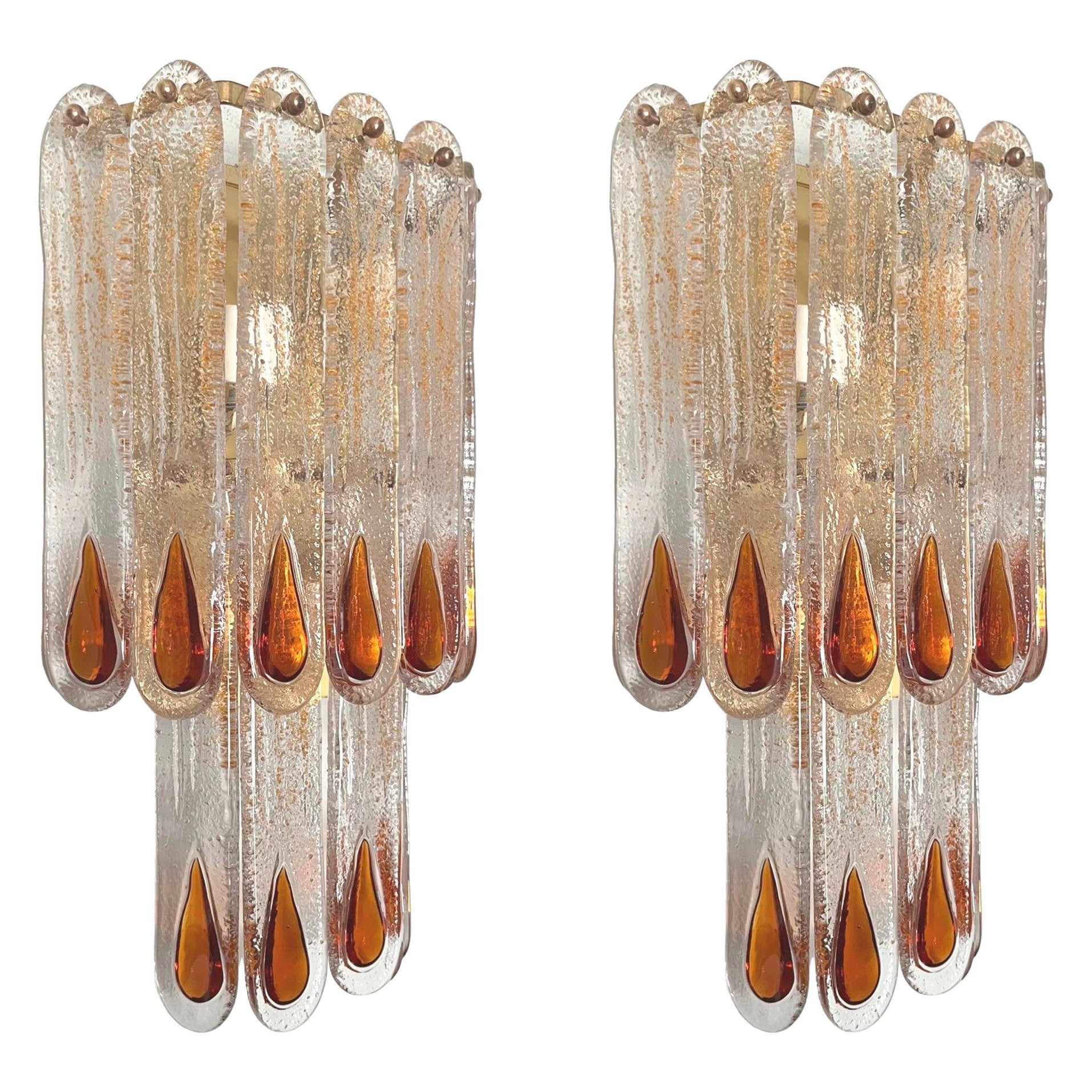 Italian Midcentury Pair of Amber Murano Glass Wall Sconces by Mazzega, 1970s
