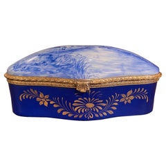 Early 20th Century French Delft Style Painted Porcelain and Brass Jewelry Box
