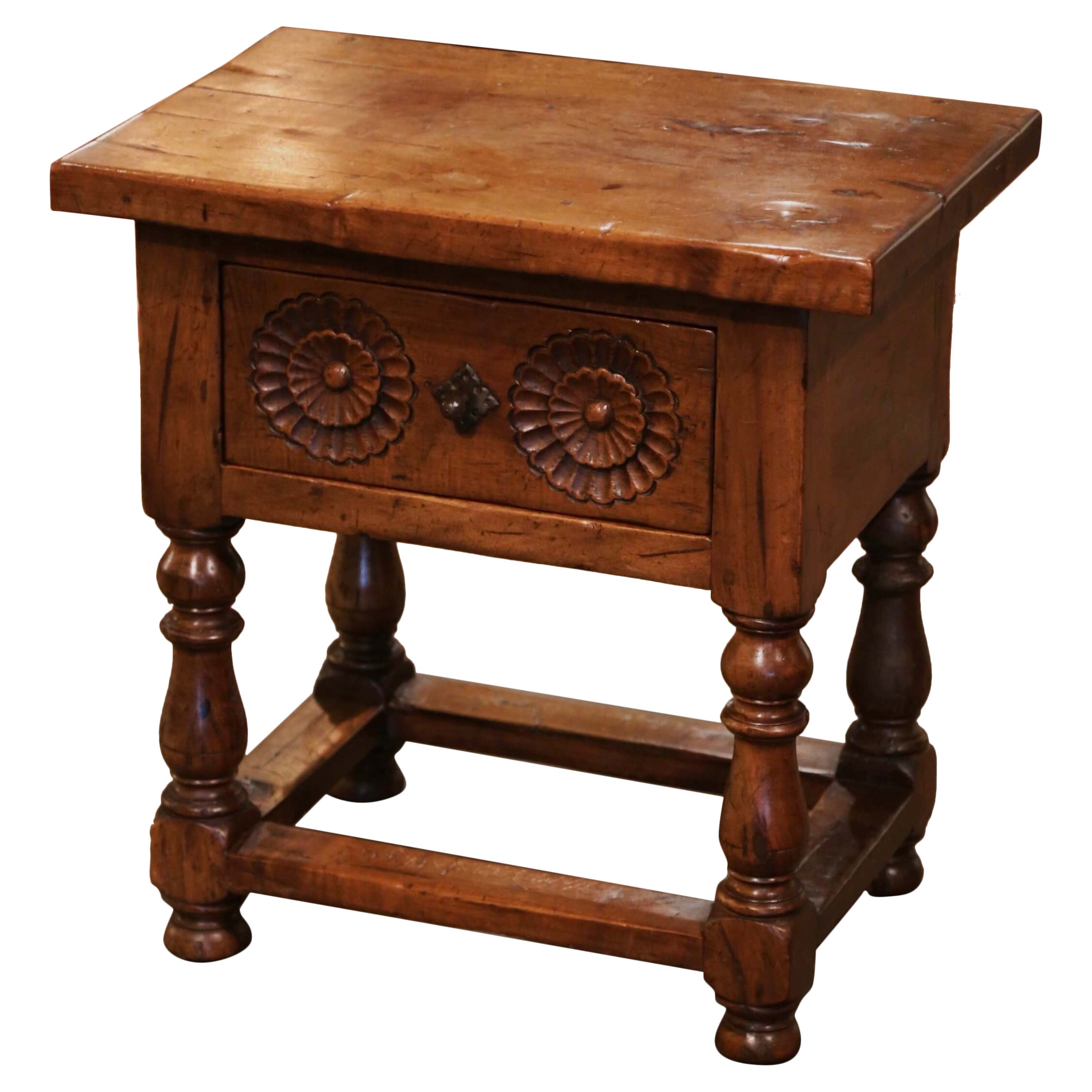 19th Century Spanish Louis XIII Carved Walnut Side Table on Turned Legs