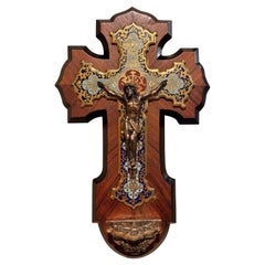 19th Century French Bronze Cloisonne Wall Crucifix on Marquetry Walnut Mount
