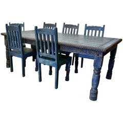 Large Carved Folk Art Painted Table and 6 Chairs