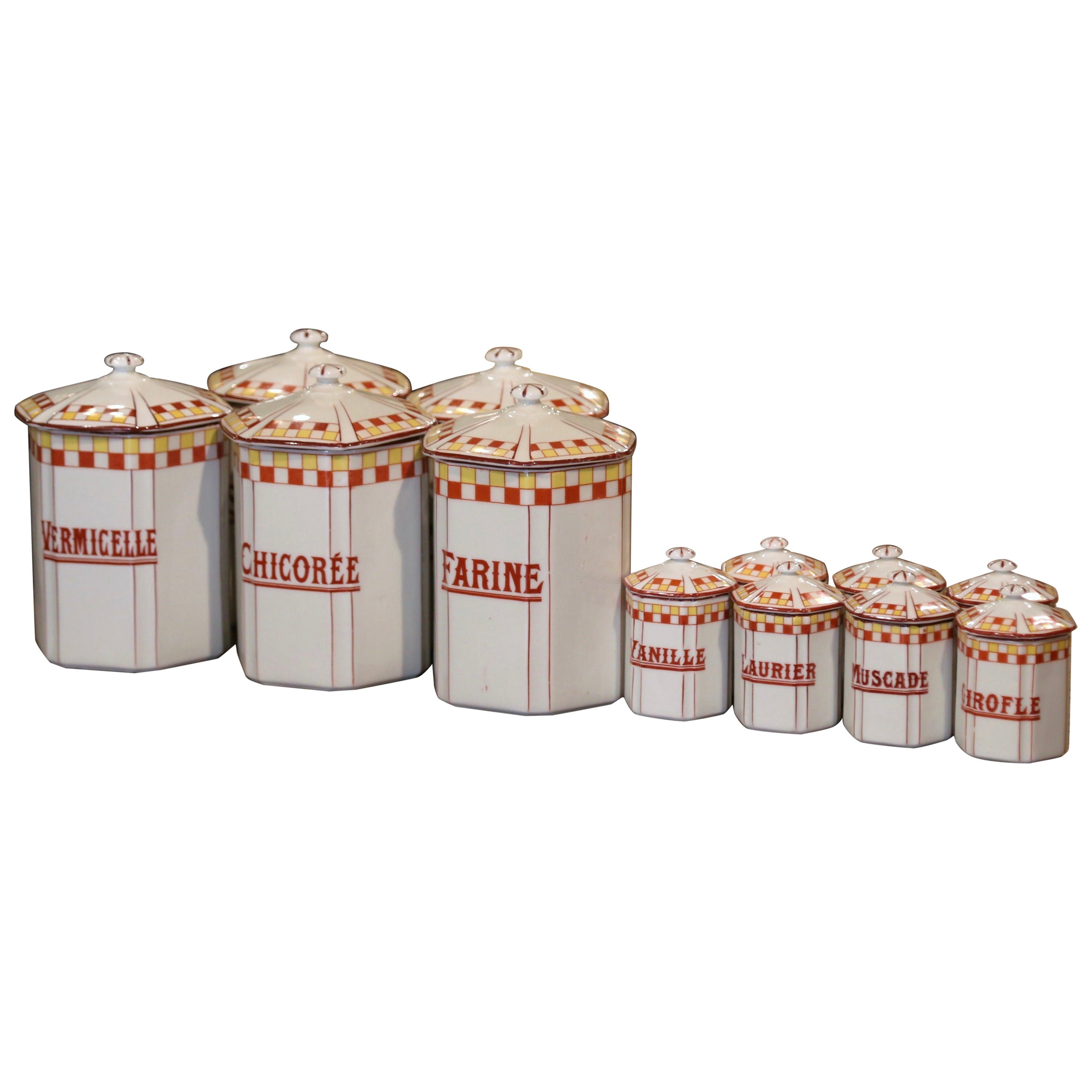 Mid-Century French Hand Painted Ceramic Canister - Set of 12 Pieces For Sale