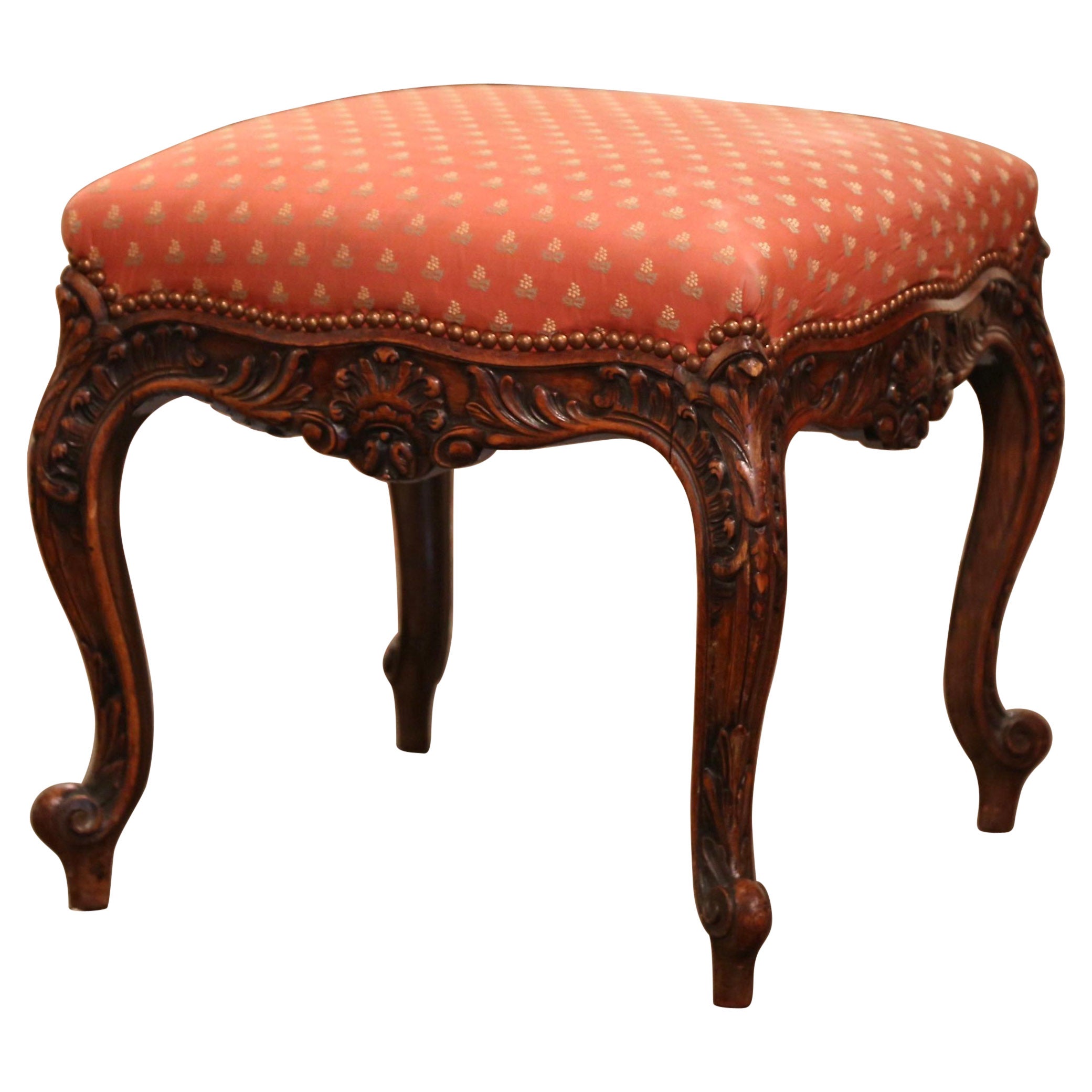 Early 20th Century French Louis XV Carved Walnut Stool from Lyon For Sale