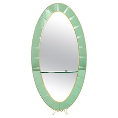 Retro Cristal Arte Oval Shaped Italian Brass Green Crystal Mirror, 1950s