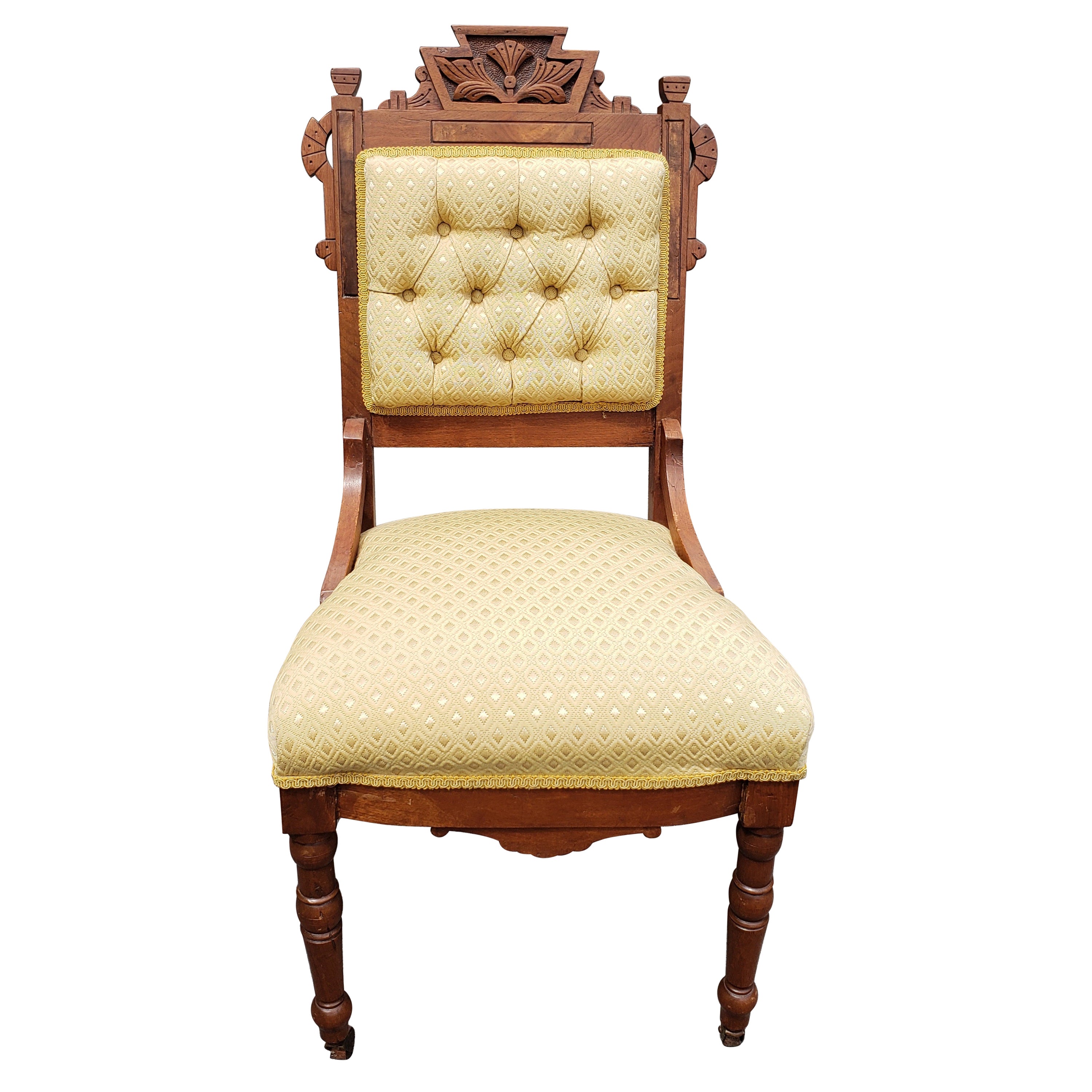Antique Victorian Walnut Upholstered Tufted Parlor Chair, Circa 1880s For Sale