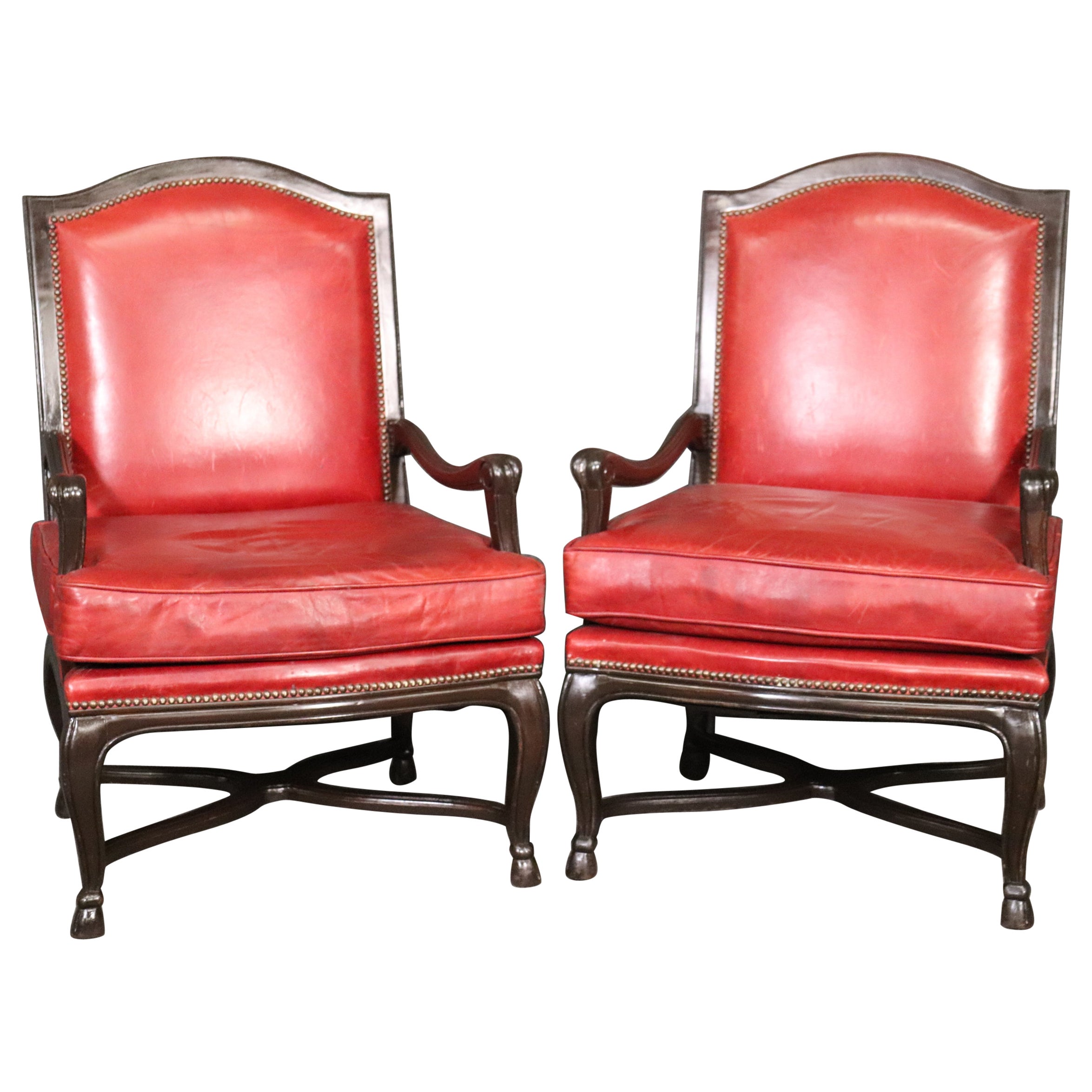 Pair Red Leather Mahogany Regency Style Armchairs Club Chairs Circa 1960s