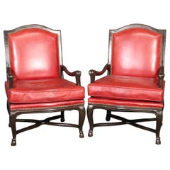Vintage Pair Red Leather Mahogany Regency Style Armchairs Club Chairs Circa 1960s
