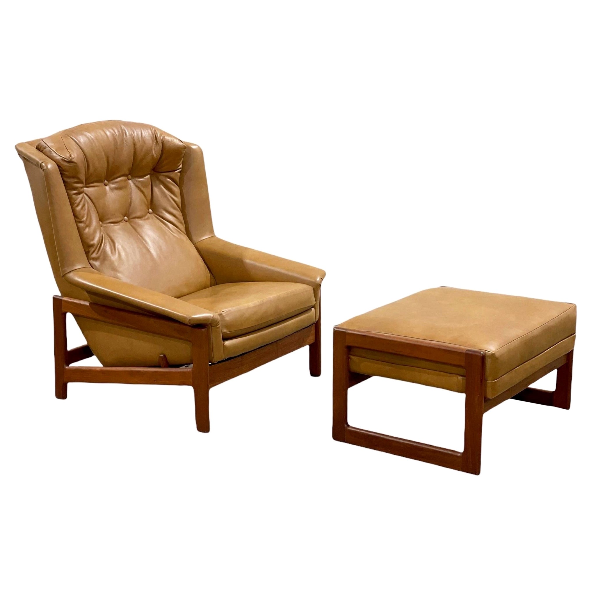 Folke Ohlsson for DUX Reclining Lounge Chair + Ottoman in Leather + Walnut 