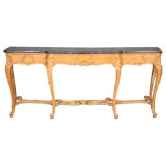 French Fossilized Marble Top Yellow Ochre Painted French Louis XV Console Table 
