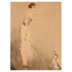 Louis Icart Rare Etching on Paper, Woman and Dog, 1930s