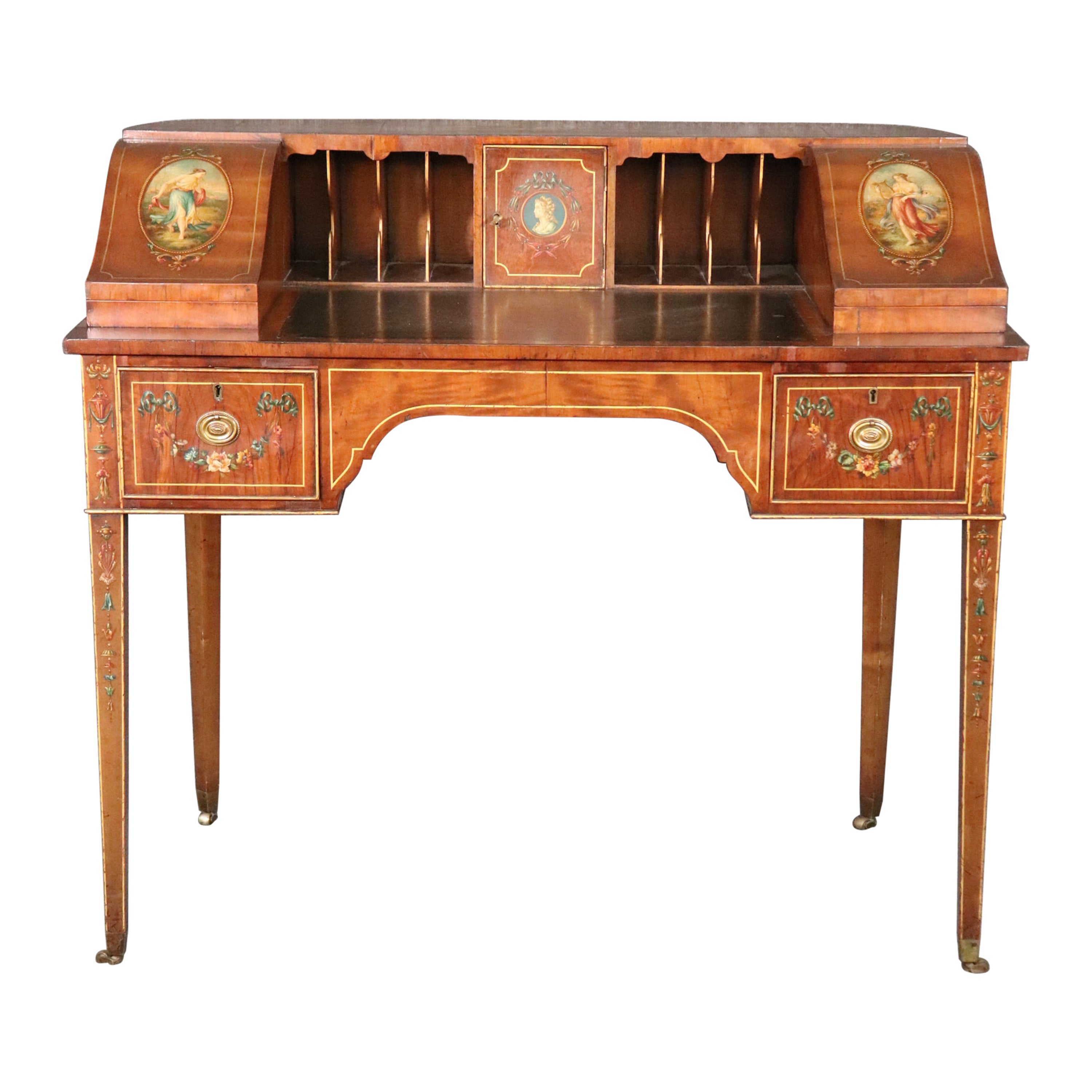 Fine Quality 1890s English Adams Paint Decorated Carlton House Desk 