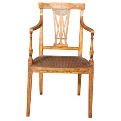 Fine Quality Paint Decorated English Satinwood Adams Cane Armchair Circa 1920