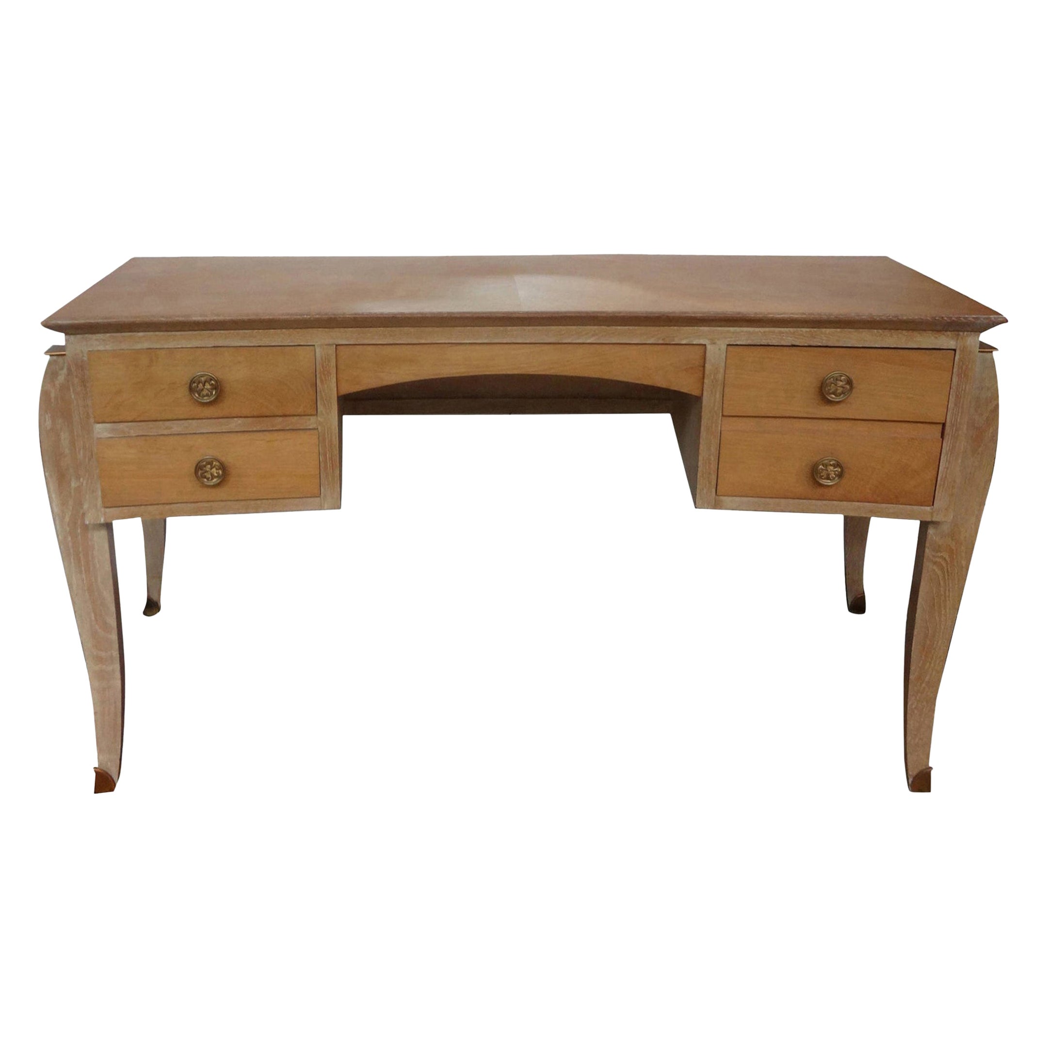 French Art Deco Cerused Oak Curved Desk Attributed to Jules Leleu