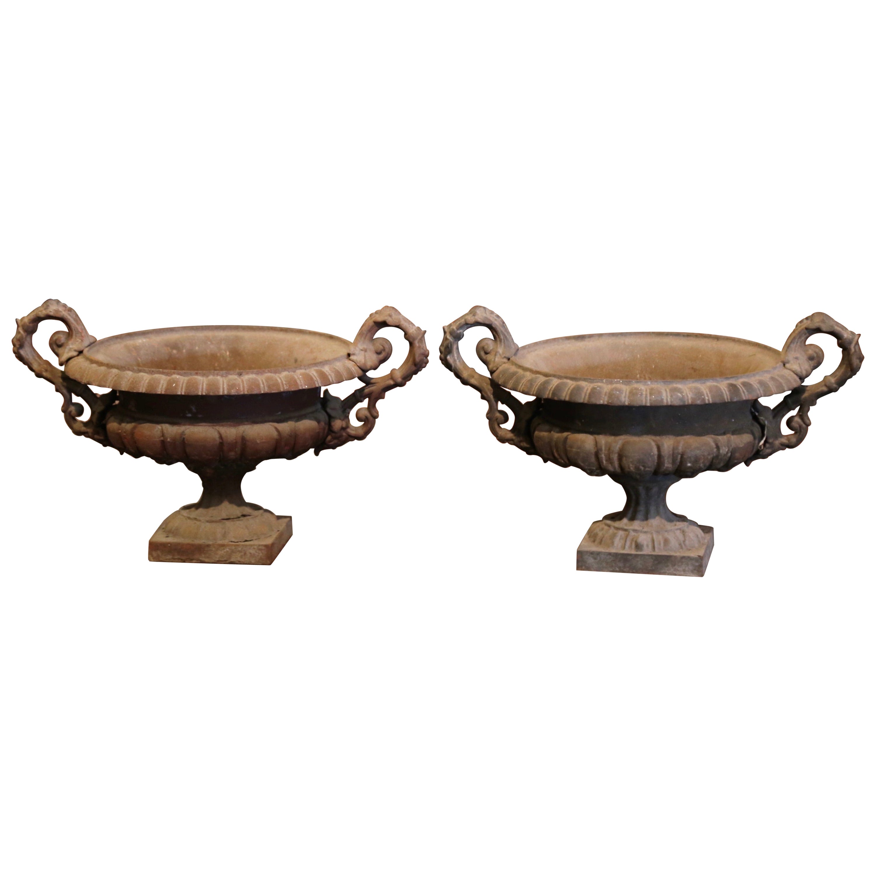 Pair of 19th Century French Neoclassical Weathered Iron Garden Urn Planters For Sale