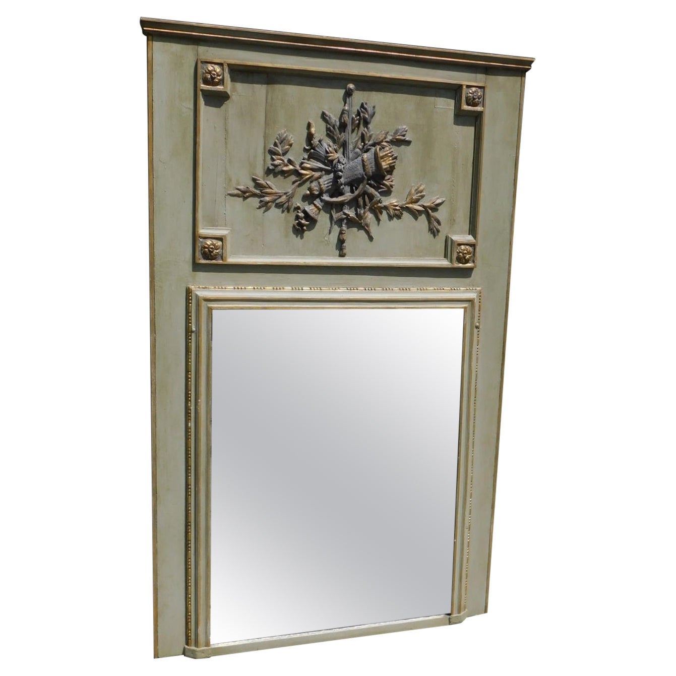 French Trumeau Painted and Gilt Wood Torchiere Foliage Wall Mirror, circa 1780 For Sale