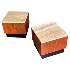 Pair of MidCentury Adrian Pearsall Cube Pedestal Tables in Walnut and Travertine