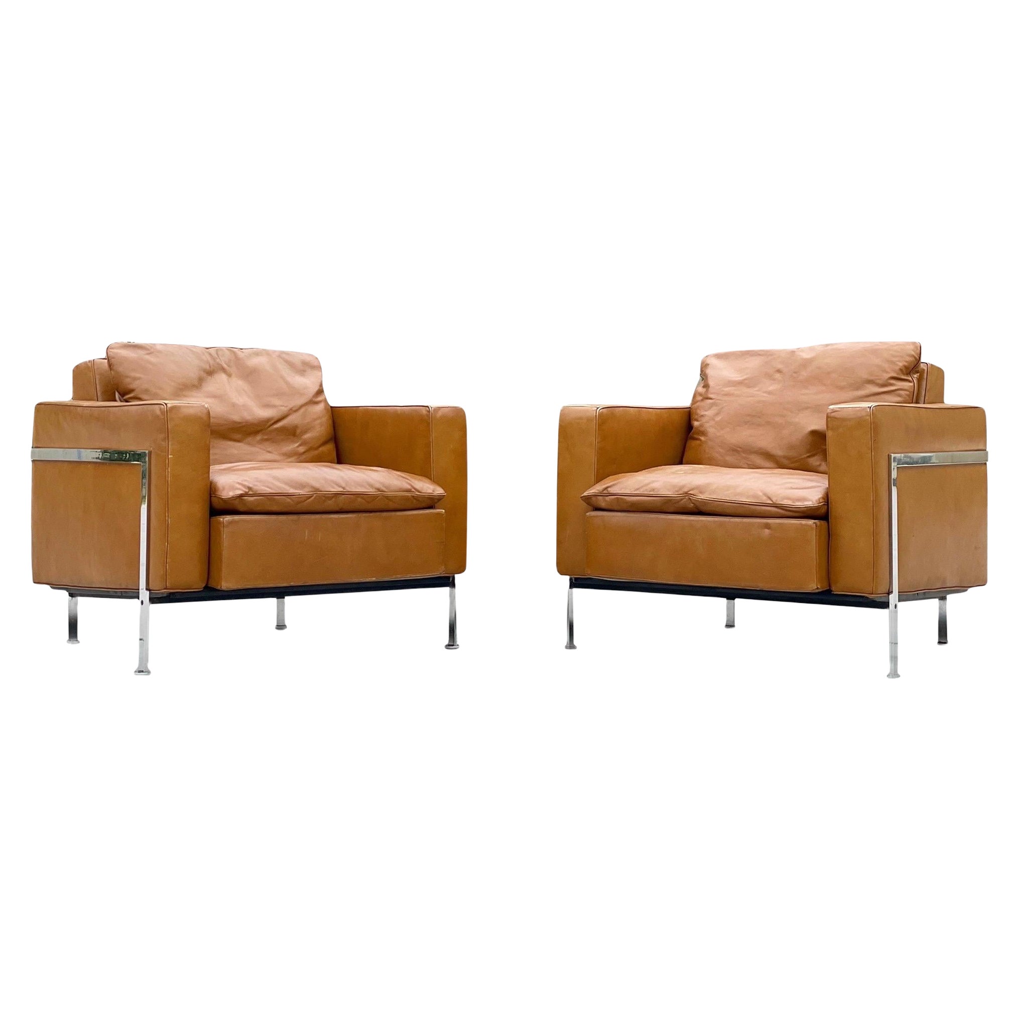 Pair De Sede Robert Haussmann Model RH 302 Lounge Arm Chairs, Leather + Chrome